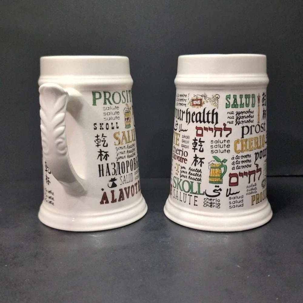 Cheers Around The World Ceramic Steins, Set of 2, Vintage Beer‎ Mugs, Barware